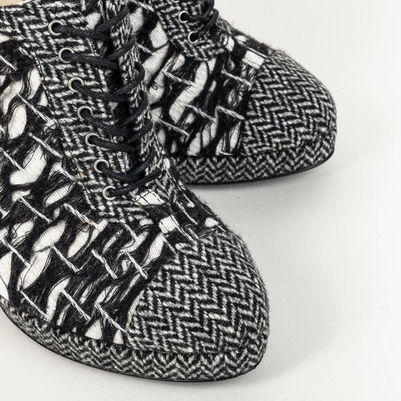 Chanel G27462 Wool Tweed Lace Up Silver Heel Booties - Picture 6 of 13